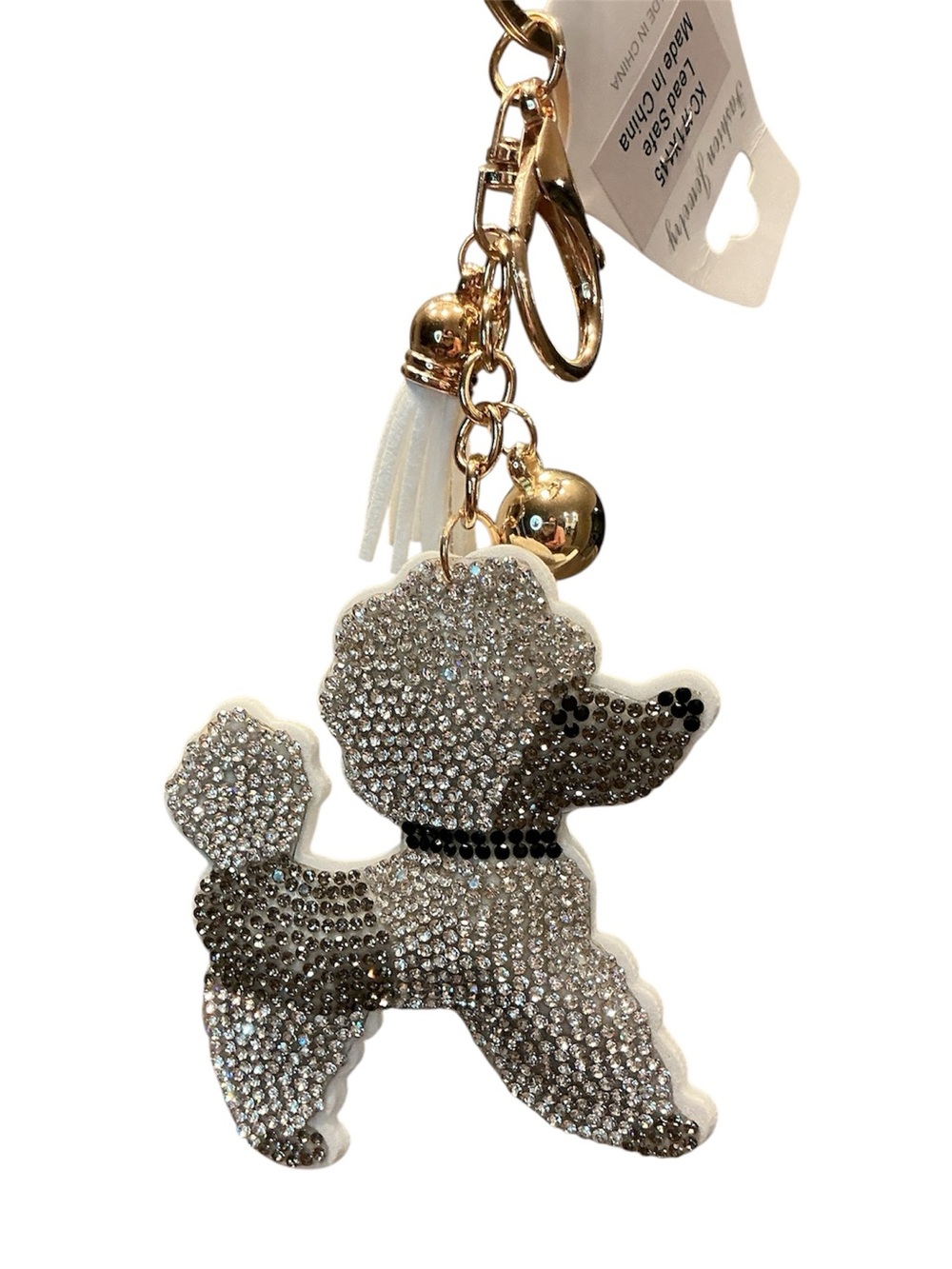 Puffy Rhinestone Poodle Dog Keychain Bag Charm - Gold Hardware, White/Silver NWT